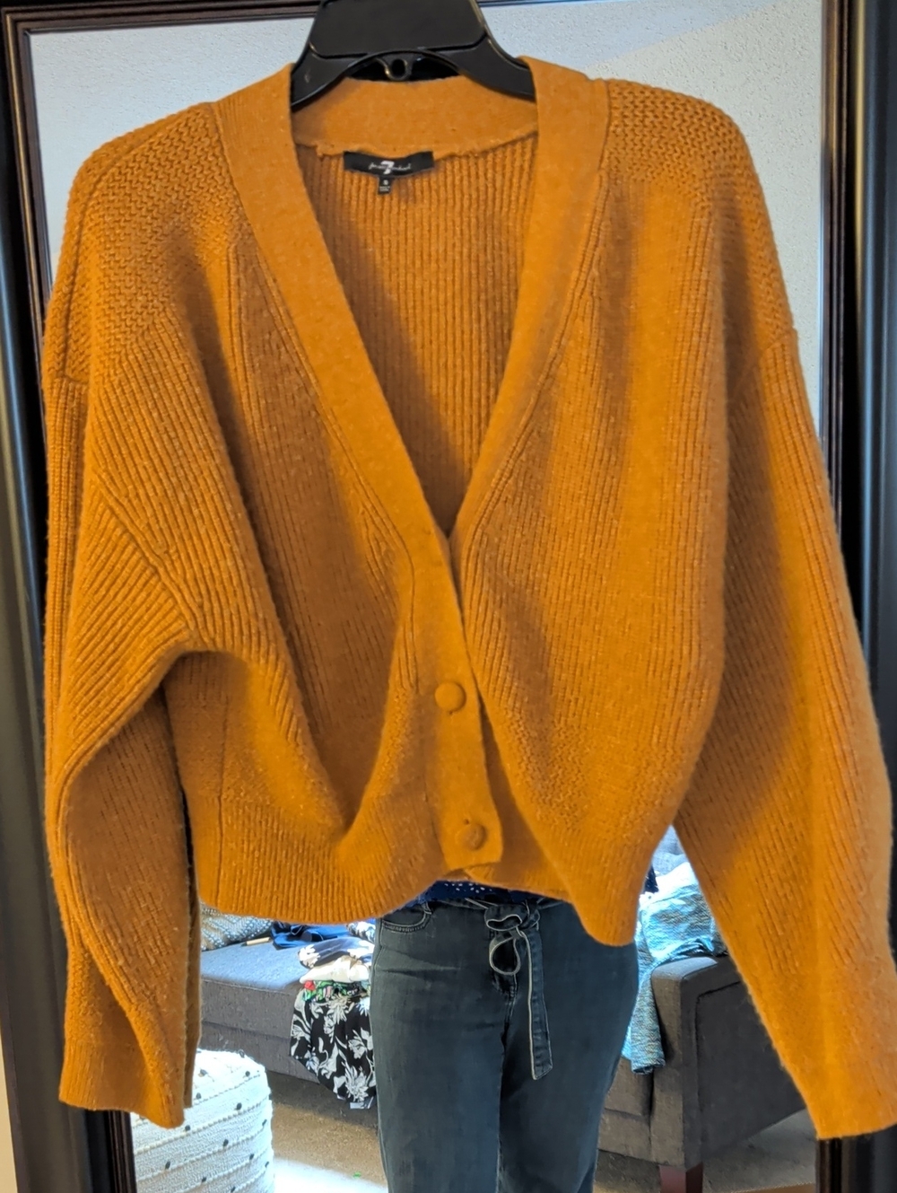7 For All Mankind Cropped  Button-Front Cardigan in Mustard Gold